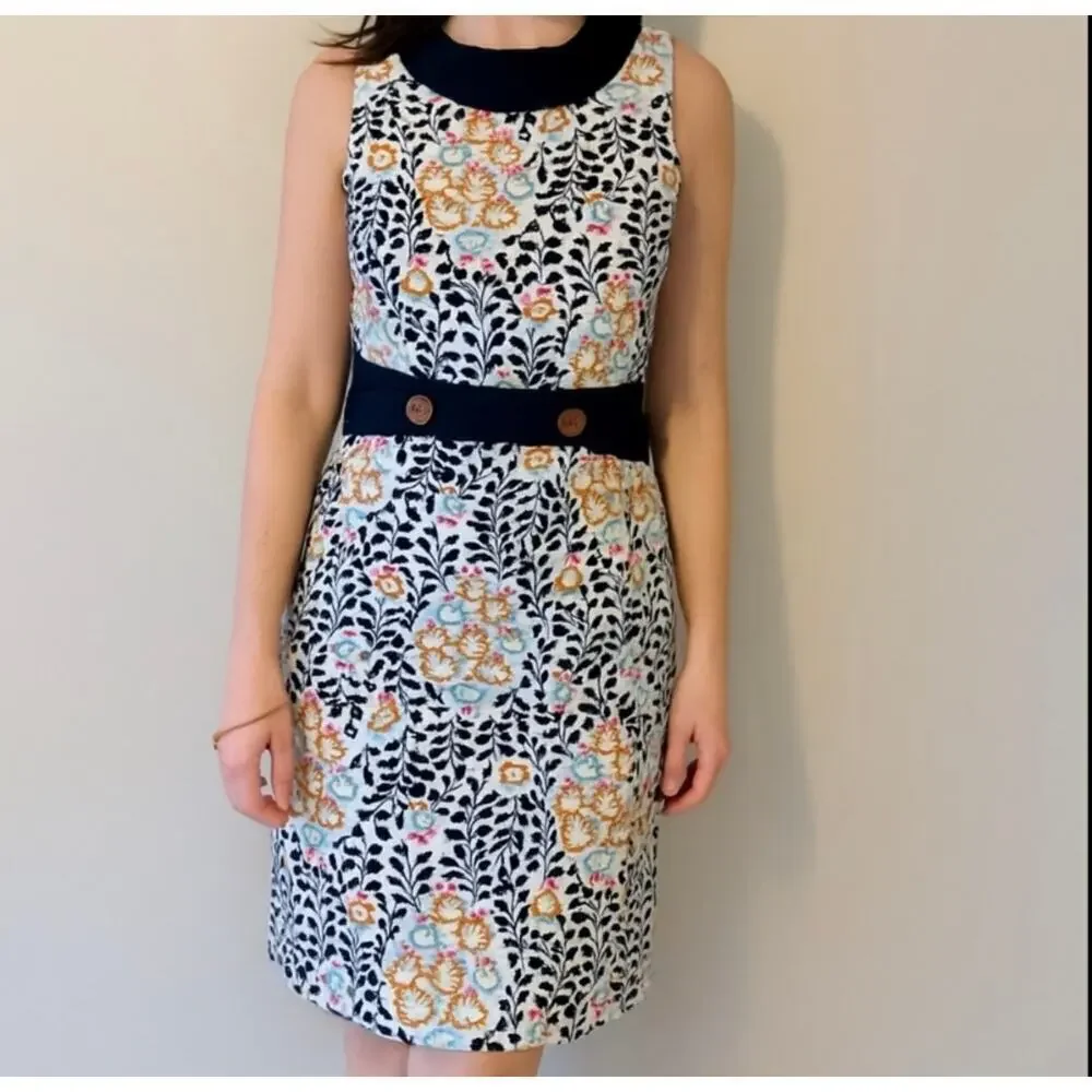 Tory Burch Women's Navy Blue orange Sleeveless Floral Shift Dress Size 8 M